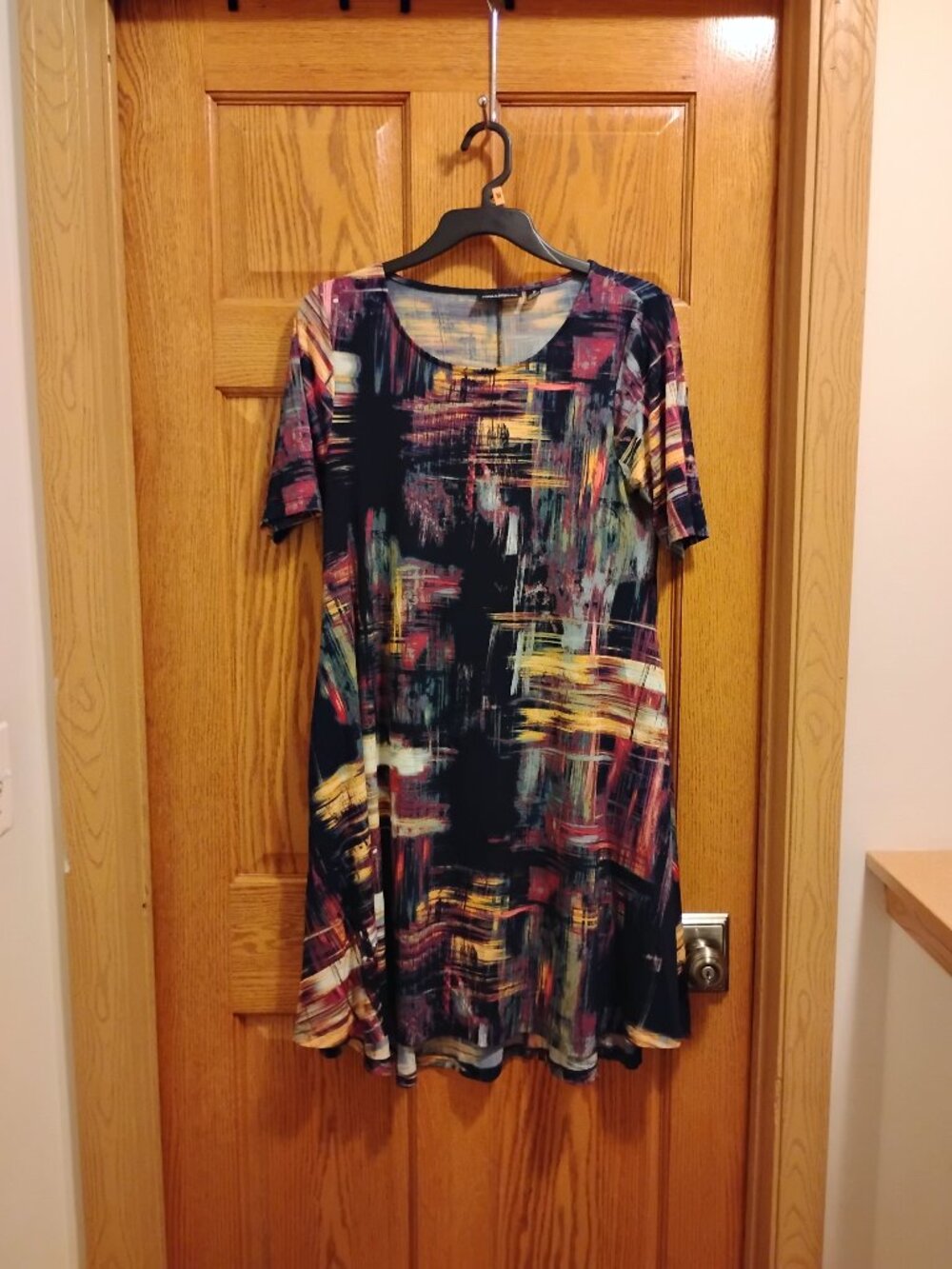 Nina Leonard Womens Short Sleeve Round Neck Stretch A-Line Swing Dress Size M